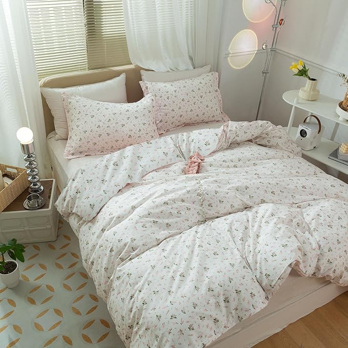 Vintage Floral Comforter Set Full Size Garden Style Pink Floral Bedding Set Aesthetic Cottagecore Flowers Botanical Comforter Set with 2 Pillowcases Fluffy Lightweight Bedding Set for All Seasons