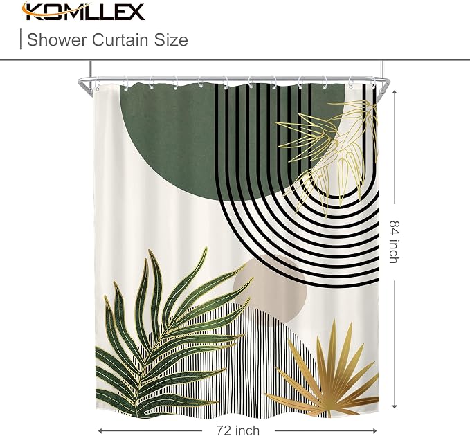 KOMLLEX Mid Century Green Boho Shower Curtain 72Wx84L Inches Abstract Modern Shower Curtains for Bathroom Gold Plant Botanical Minimalist Arch Sun Fabric Liner Waterproof Polyester 12 Pack Hooks