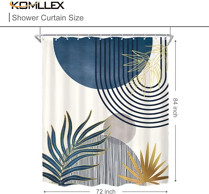 KOMLLEX Mid Century Boho Shower Curtain for Bathroom Decor 72Wx84H Inches Extra Long Navy Blue Gray Abstract Modern Sun Minimalist Leaves Neutral Fabric Waterproof Polyester 12 Pack Hooks Pack Hooks