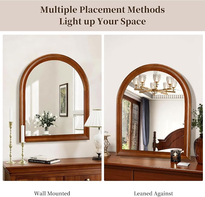 Tanmicoshomy Wood Arched Bathroom Mirror for Wall 30x36 Inch, Wall Mirrors with Tempered Glass for Living Room, Bedroom or Entryway
