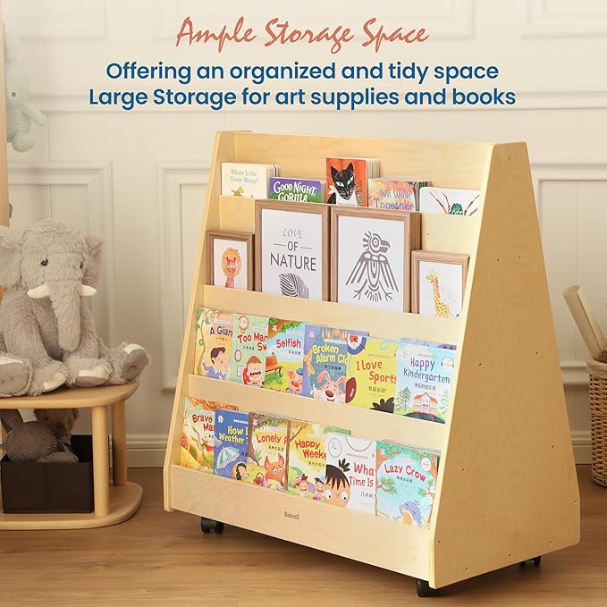4-Tier Kids Bookshelf, Double-Sided Book Shelf for Kids Rooms, Toddler Book Rack Organizer with Wheels, Wooden Montessori Bookshelf & Book Storage Display for Classroom, Preschool, Nursery