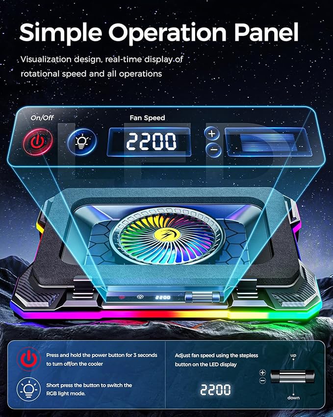 KeiBn Gaming Laptop Cooling Pad, Laptop Fan Cooling Pad with 5.5inch RGB External Fan, Rapid Cooling Laptop 15.6-19.3inch, 8 Height Stands, 2 USB Ports, Phone Holder-K1 5V RGB