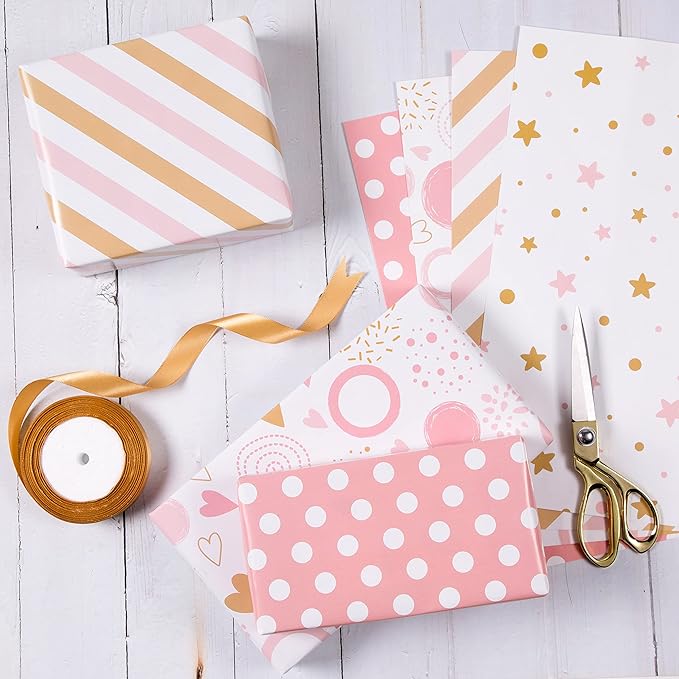 PlandRichW Birthday Wrapping Paper Folded for Girls, Women, Baby, Pink Wrapping Paper, Pink Gift Wrap for Birthday, Valentines, Christmas, Wedding, Baby Shower, Pre-cut 12 Sheets Each 20"X 29"
