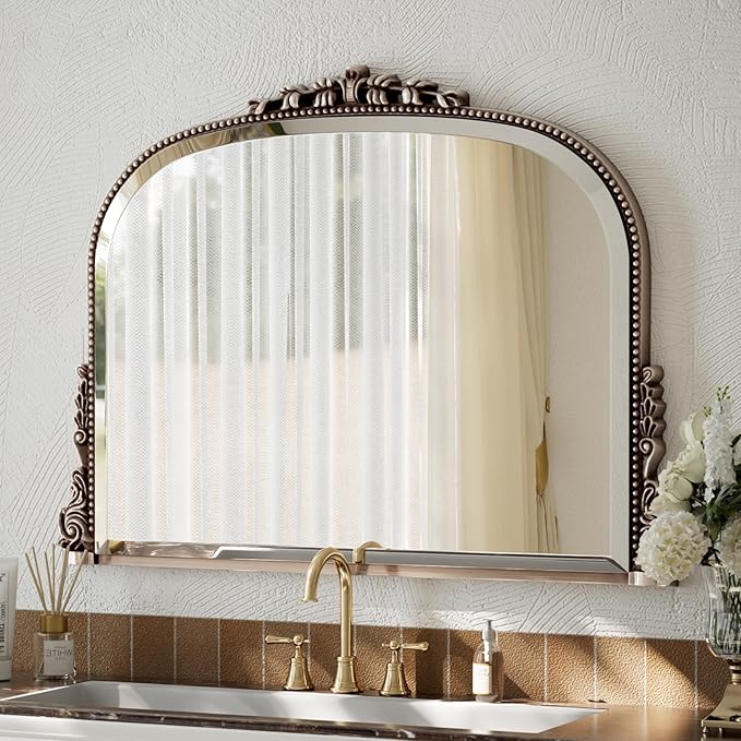 Wall Beaded Mirror, 44 x 32 Inch Round Top Right Angle Wall Mirror, Tempered Glass, Rust Resistant, Horizontally or Vertically Hanging, Silver