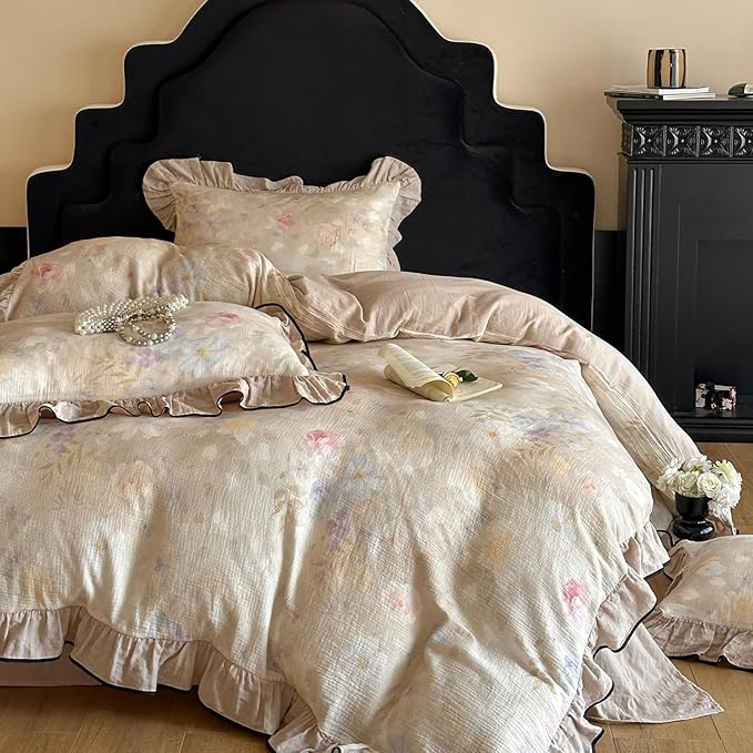 VM VOUGEMARKET Vintage Flower Duvet Cover Set King Ruffled Linen Gauze Duvet Cover with 2 Pillow Shams Soft Breathable Muslin Cotton Bedding Set-Ivory