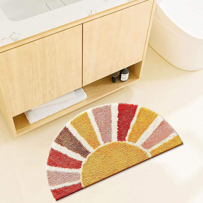 UKELER Boho Bathroom Rugs Half Circle Bohemian Bath Mat Cute Sun Retro Area Rugs for Home Decor Non Slip Washable Absorbent Bath Rug for Bathroom,Sink, Shower, Tub 30''×16''