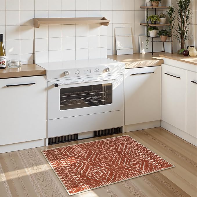 Wonnitar Moroccan Bathroom Rug,Washable 2x3 Small Bath Mat, Boho Tribal Soft Kitchen Sink Mat, Non-Slip Geometric Entry Way Rug, Low-Pile Indoor Carpet for Bedside Entrance Laundry (Brown,2'x3')