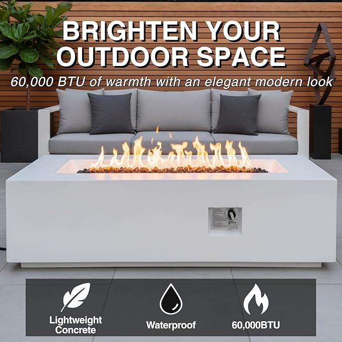 HillAethel 60-Inch Outdoor Gas Propane Fire Pit Table with Propane Tank Cover,Set-2-Piece,60,000 BTU Concrete Fire Pit with Free Rain Cover, Tank Seat, Lava Rocks, for Outside Patio Backyard,White
