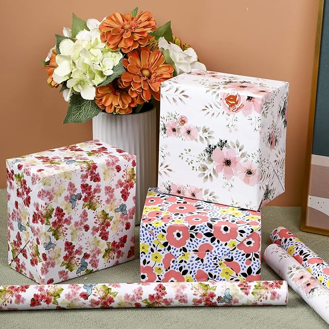 MAYPLUSS Floral Wrapping Paper Roll - 17x120 Inch, 3 Rolls - Multi-purpose, Perfect for Gift Wrap, Wedding, Birthday, Mother's Day