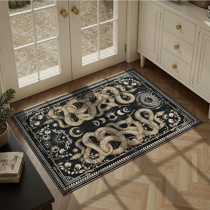 DCX Washable 2x3 Snake Rug, Black Gothic Rug for Living Room, Soft Low Pile Carpet, Kid & Pet Friendly with Rubber Back Non Slip, Stain Resistant Rug for Bedroom Dining Room Office