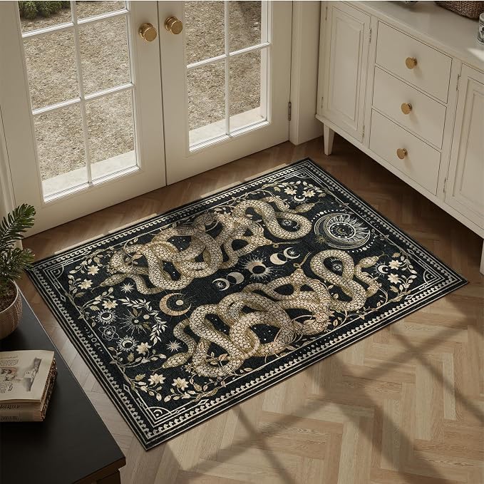 DCX Washable 3x5 Snake Rug, Black Gothic Rug for Living Room, Soft Low Pile Carpet, Kid & Pet Friendly with Rubber Back Non Slip, Stain Resistant Rug for Bedroom Dining Room Office
