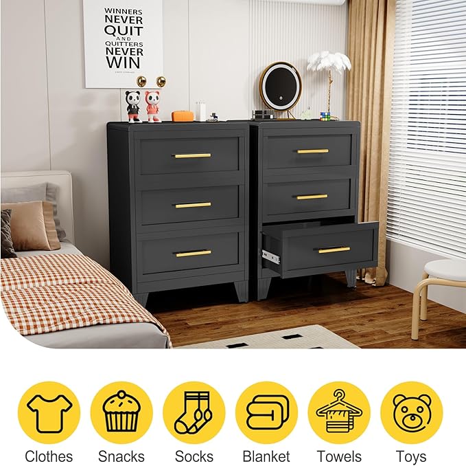 3 Drawers Tall Black Dresser for Bedroom, 35.43" Metal Dressers & Chests of Drawers Curved Corner Design, Storage Organizer Drawer Chest with Large Capacity for Living Room, Entryway, Hallway