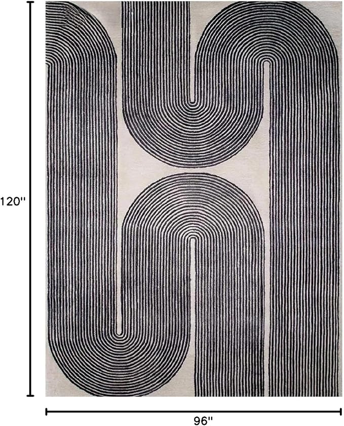 Modern Handmade Wool Area Rug, Abstract Curved Line Geometric Carpet for Living Room Bedroom, Contemporary Tufted Indoor Rug with Soft Pile and Cotton Backing (Ink, 8' x 10')