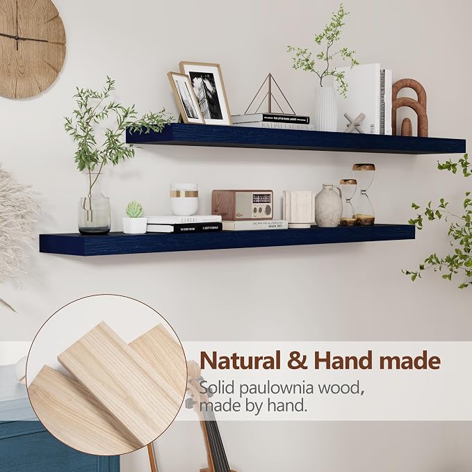 fuqing Dark Blue Floating Shelves 48 Inch, Solid Wooden Wall Shelves Set of 2, Rustic Floating Wall Shelves for Decor & Storage for Living Room Bedroom Bathroom