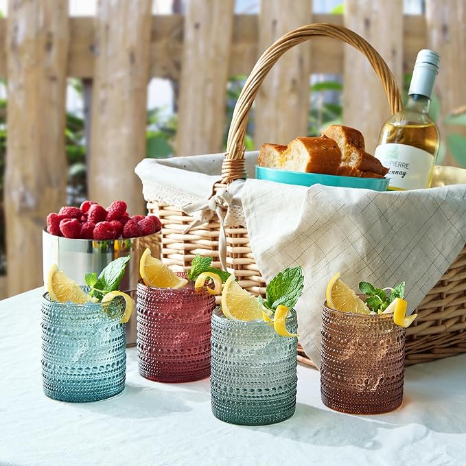 Khen Colored Glass Glasses | Set of 4 | Large Art Deco Glassware Muted Vintage Glasses for Wine, Champagne, Cocktail, Margarita, Wine Glass, Gift Idea, Muted Pastel Colors Goblets - Hobnail Beaded