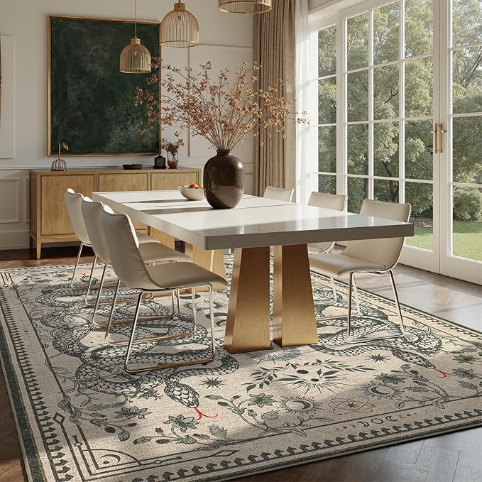 DCX Washable 8x10 Snake Rug, Beige Gothic Rug for Living Room, Soft Low Pile Carpet, Kid & Pet Friendly with Rubber Back Non Slip, Stain Resistant Rug for Bedroom Dining Room Office