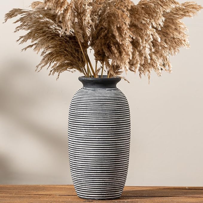 Ceramic Rustic Vase, Large Flower Farmhouse Vases Home Decor, 12.5" Tall Pottery Decorative Pampas Vase for Table Living Room Entryway Mantel Bookshelf Bedroom Bathroom Kitchen-Black
