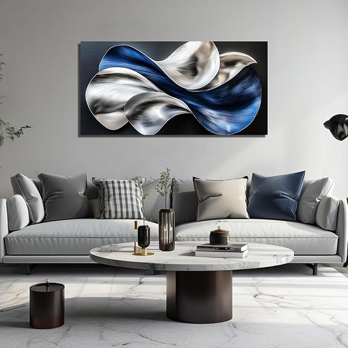 Blue Silver Abstract Picture Wall Art Modern 3D Textured Canvas Decor for Living Room Bedroom Office Flow Artwork 24" x 48"