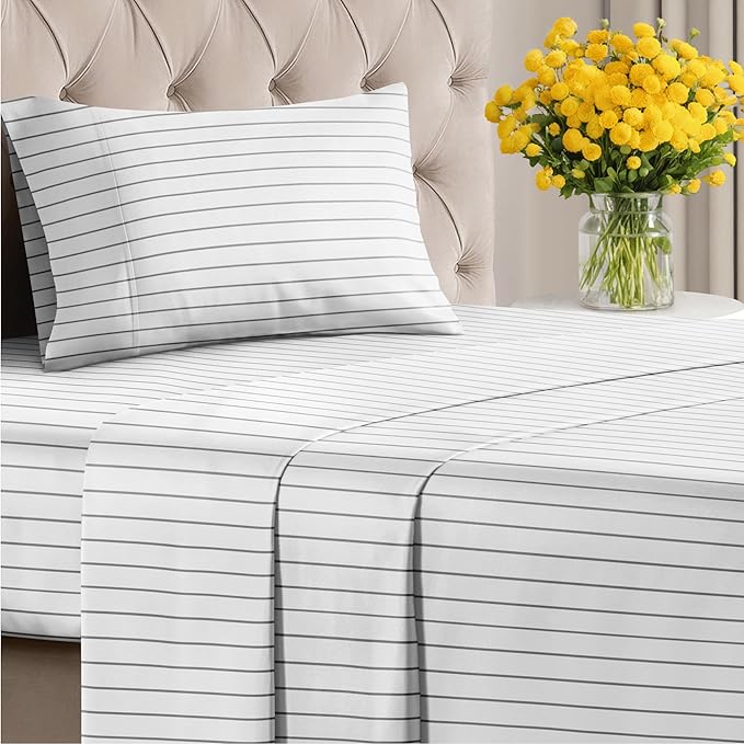 Striped Sheets - Grey Striped Sheets - 1 Flat & 1 Fitted & 1 Pillowcase w/ Deep Pockets – Wrinkle & Fade Resistant - Ultra-Soft, Breathable and Cooling – Luxury Pinstripe Bedding - Twin Size Bed Set