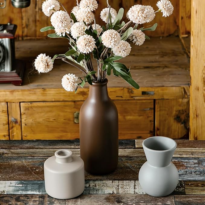 Ceramic Flower Vase Set of 3, Fake Flowers in Vase for Centerpieces with 8 Artificial Autumn Chrysanthemums Artificial Decorative Swags