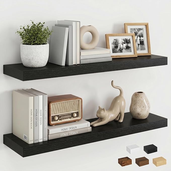 Dreamland Floating Shelves for Wall, 27.5 Inch Long Shelves, Wall Decor for Bedroom, Kitchen, Living Room & Book Storage, Mounted Floating Shelf with Invisible Brackets, Set of 2, Black