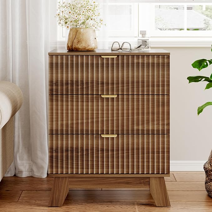 Fluted 3 Drawer Dresser for Bedroom, Mid Century Modern Beside Table with Metal Handle, Wooden Nightstand with 3 Drawers End Table for Living Room, Closet, Entryway, Walnut