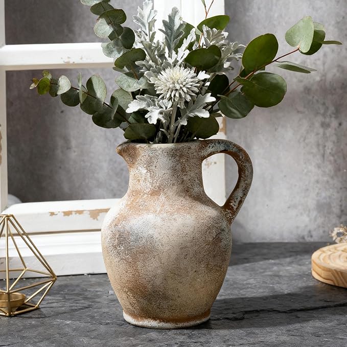 Ceramic Rustic Farmhouse Vase with Handle, Terracotta Vase, Minimalist Decorative Vases for Home Decor, Table, Living Room, Shelf, Christmas Decoration(Terra)