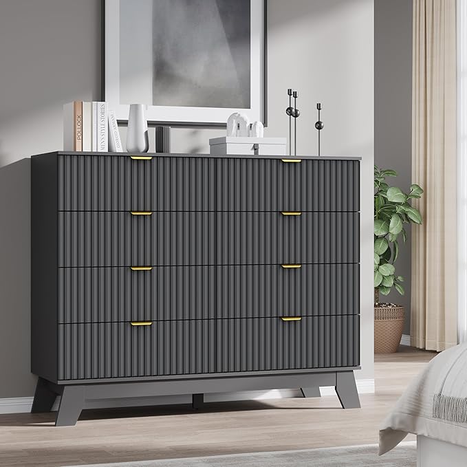 Fluted 8 Drawer Tall Dresser, 47.2" Wide Modern Boho Chest of Drawers, Wooden Storage Dresser TV Stand for Bedroom, Living Room, Closet, Hallway, Curved Profile Design
