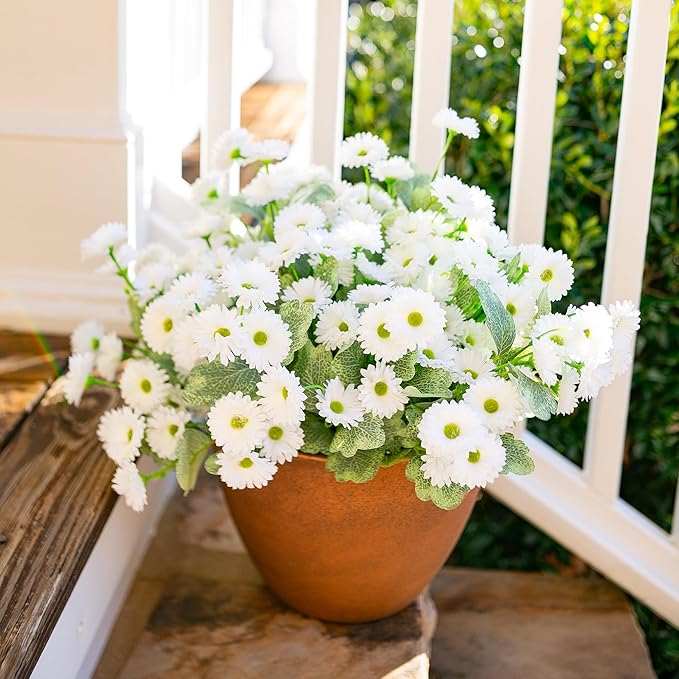 HyeFlora Dahlia Artificial Flowers for Outdoors Winter Decoration, 6 Bundles Fake Daisy White Faux Flowers Plants Realistic UV Resistant Silk Flowers for Outside Planter Front Door Yard Garden