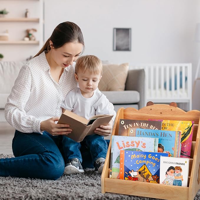 Woodtoe Montessori Bookshelf for Kids, Natural Wood Bookcase with Chalkboard & Storage, Kid Magazine Rack Book Display Organizer, Classroom Bookshelves Kids Furniture Birthday for Boys Girls 3+