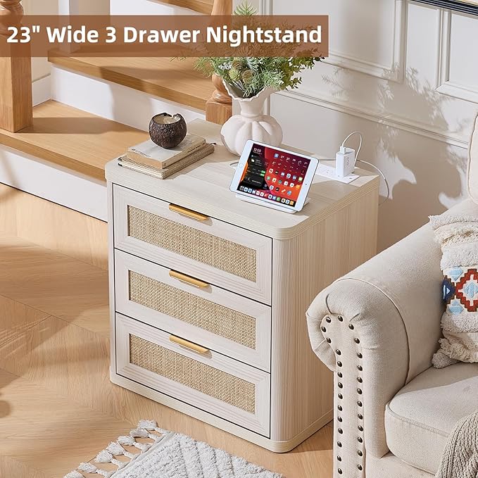 LEYAOYAO Rattan Night Stand with Charger Station, 23" Large 3 Drawer Boho Nightstand, Grey White Bedside Table Storage Cabinet, Bed Side End Tables for Bedroom, Living Room, Hallway