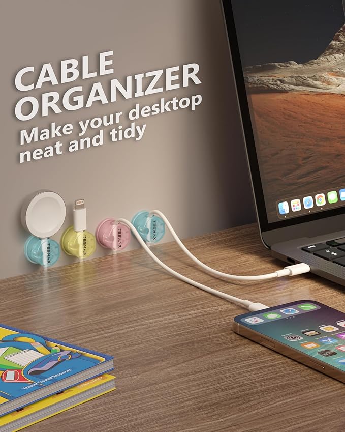 Magnetic Cable Clips 360° Rotation Cord Holder, 12 Pack Cord Organizer 1s Lock Cable Smooth Adjustable Desk Organizers and Accessories, Adhesive Cord Clips for Nightstand,Phone,Wall,Car,Home Office
