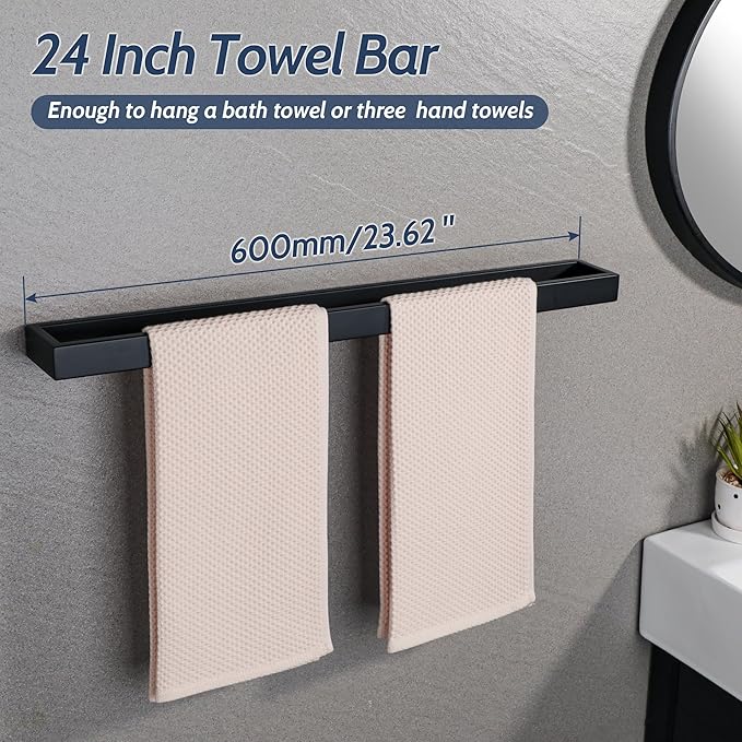 Sayayo Matte Black Towel Bar for Bathroom, 24 Inch Hand Towel Holder Wall Mount Square Towel Ring SUS304 Stainless Steel Towel Rack