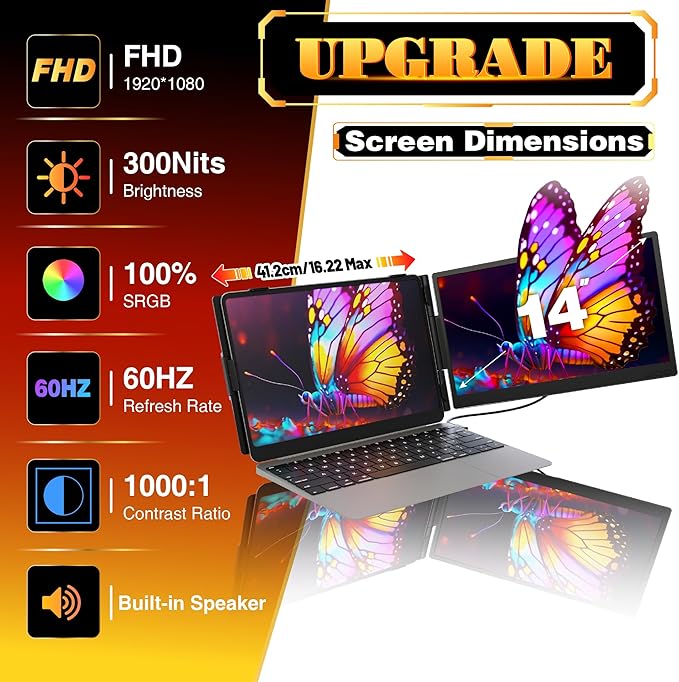 Laptop Screen Extender 0.27" Ultra-Thin, 14" FHD 1080P IPS Lightweight Dual Portable Monitor, USB-C/HDMI Plug & Play for 13-17" Laptops, Travel screen compatible with Windows/Mac/Chrome/Switch/Android