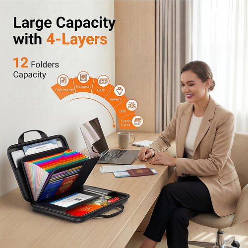 Fireproof Accordion File Organizer - Hard-Shell Document Box with 13 Pockets for Secure Storage