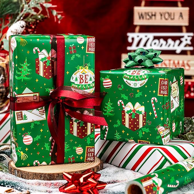 MAYPLUSS Green Christmas Wrapping Paper Roll, Reversible Festive Ornament Wrapping Paper, Metllic Foil Vintage Stocking & Bell Christmas Gift Wrap for Kid Holiday, Celebrations (17 Inch X 33 Feet)