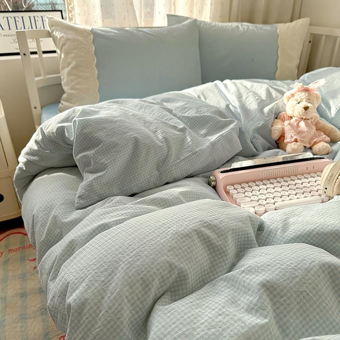 LifeTB Blue Gingham Comforter Set King Romantic Lace Bedding Comforter with 2 Pillowcases Vintage Plaid Checkered Comforter Farmhouse Grid Bedding Set Blue Plaid Comforter Set for All Seasons