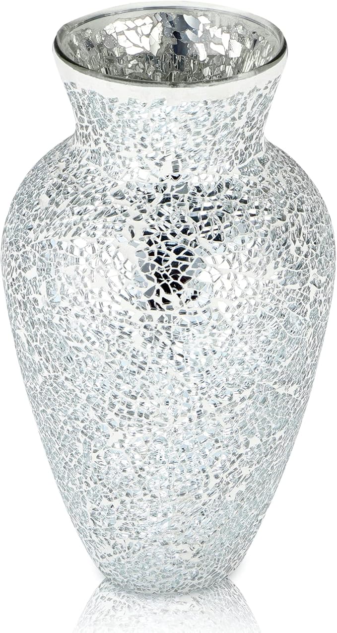 MDLUU Mosaic Vase 11" Tall, Handcrafted Cracked Glass Vase, Decorative Flower Vase for Home Decor, Wedding, Table Centerpiece, Gift (Silver)