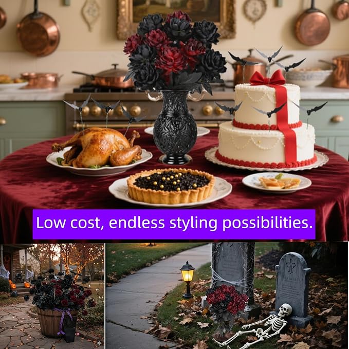 Gothic Black and Red Artificial Dahlia Flowers – Luxury Faux Bouquet for Vase Decor, Dark Aesthetic Centerpiece Arrangement for Modern Home, Living Room, Entryway & Dining Table Décor