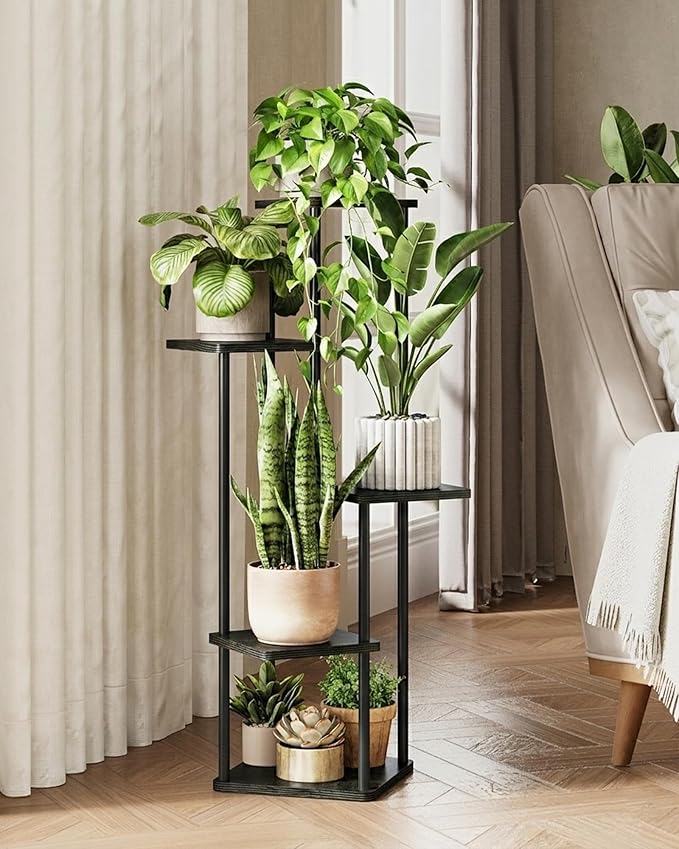 GENTINGBRO Tall Plant Stand Indoor 5 Tiered Plant Shelf for Multiple Plants Coner Shelf Stand Wood Plant Stand Metal Shelving for Living Room Bedroom Balcony Patio Black