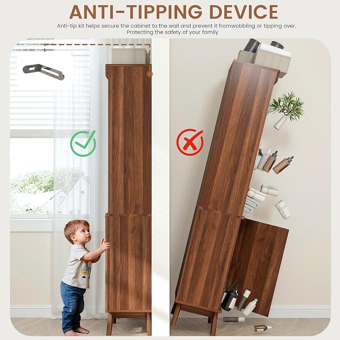71" Tall Narrow Bathroom Storage Cabinet with Door, Small Fluted Cabinet with Adjustable Shelves & 3-Tier Open Shelf, Modern Freestanding Slim Organizer for Space Saving Living Room Kitchen (Walnut)