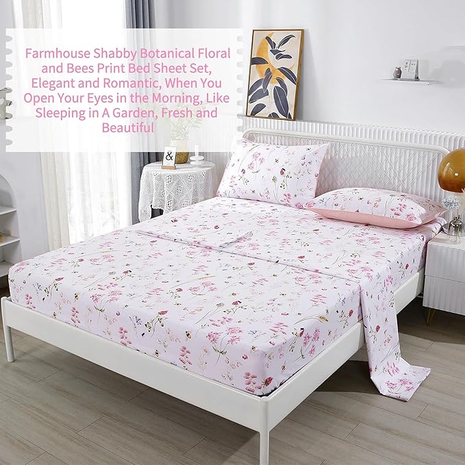 RYNGHIPY Shabby Floral Bees Print Bedding Sheets with Pillowcases, Breathable Egyptian Cotton Bed Sheet Set (Bee,King Size)