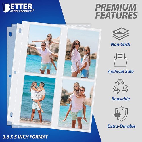 Better Office Products Photo Album Refill Sheets - Heavyweight 3.5 x 5 Inch | 25 Pack of 4-Pocket Sheets for 200 Photos