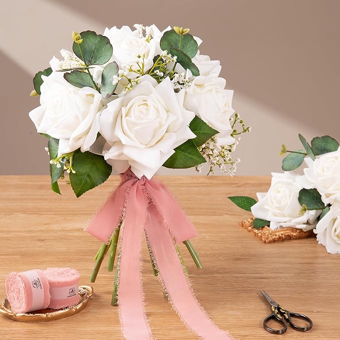 DORIS HOME Dusty Rose Chiffon Ribbon for Flower Bouquet, 1" x21Yd Fabric Ribbon for Gift Wrapping, Handmade Frayed Ribbon for Wedding Invitations/Christmas Decorations