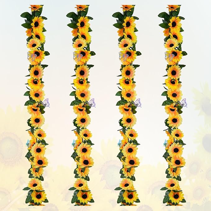 4 Pack Sunflower Garland Fall Girasoles Decorations,7.5ft Silk Artificial Sunflowers Fake Hanging Vines with Green Leaves Garland for Birthday Backdrop Outdoor Wedding Decor