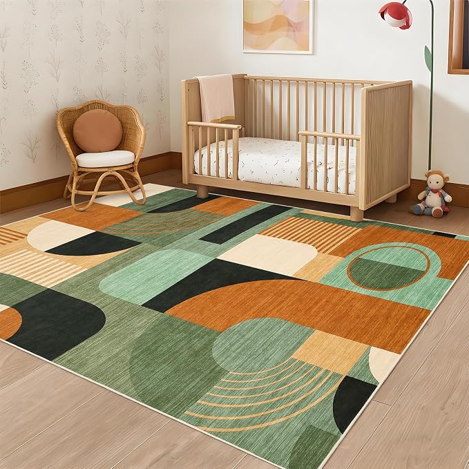 Area Rugs for Living Room, Boho Geometric Washable Rug for Bedroom Entryway Soft Low Pile Non-Slip Indoor Rugs for Dining Room Dorm Playroom, Green Multi, 5'x7'