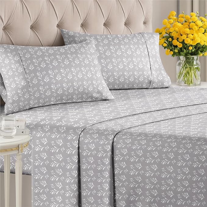 Floral Sheets - Grey & White Bed Sheet Set - 1 Flat, 1 Fitted & 2 Pillowcases w/ Deep Pockets - Comfy, Wrinkle & Fade Free - Boho Botanical Bedding - Ultra-Soft, Breathable & Cooling - Queen Size Set
