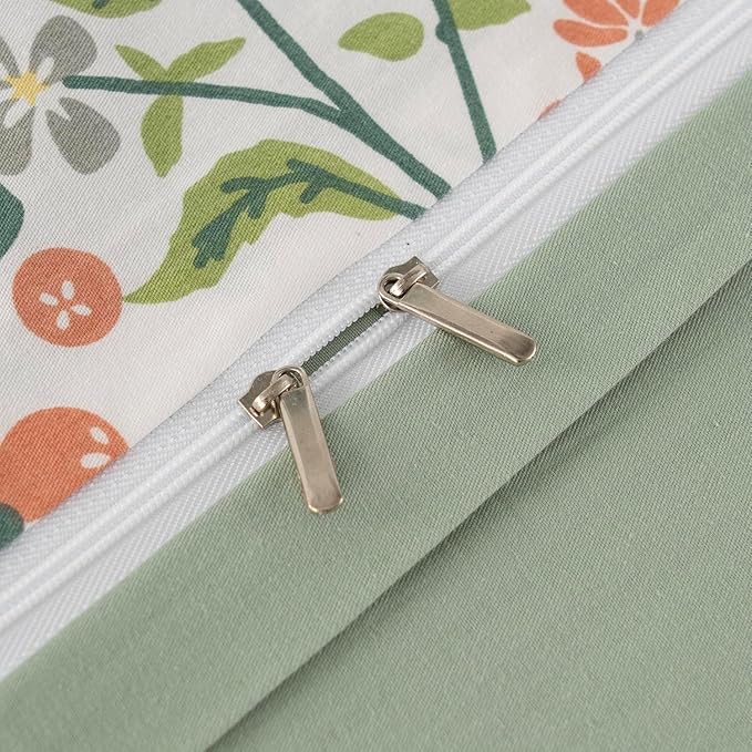 mixinni Flower Duvet Cover Twin XL Size, Sage Green Floral Duvet Cover Soft Cotton Cute Wildflower Green Leaves Print Cotton Bedding Duvet Cover Set Zipper&Ties, 1 Duvet Cover and 2 Pillowcases