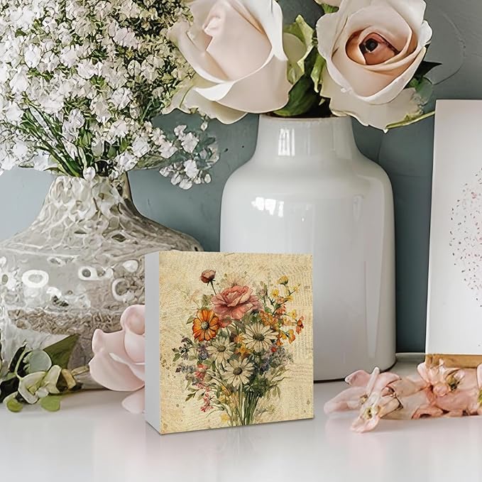 KFXHANGD Vintage Floral Wooden Box Sign Desk Decor, Floral Desk Decor, Wildflower Decorative Decor for Women Office Living Room Bedroom, Botanical Flowers Home Shelf Desk Decor 5x5 Inch