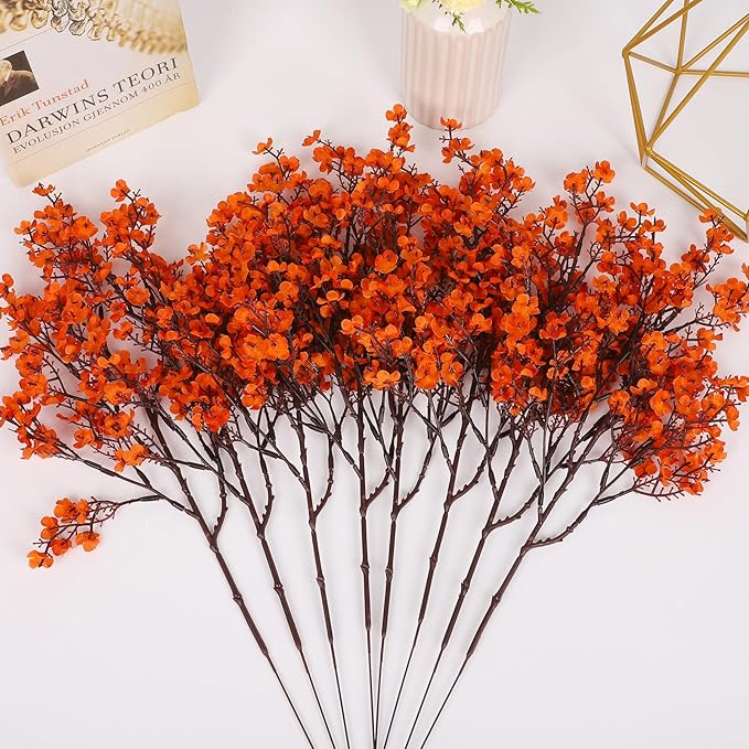 8Pcs Babys Breath Artificial Fake Fall Flowers, Real Touch Orange Plants Silk Flowers for Vase Home Office Wedding Indoor Outdoor Centerpiece Table Party Autumn Christmas Decorations